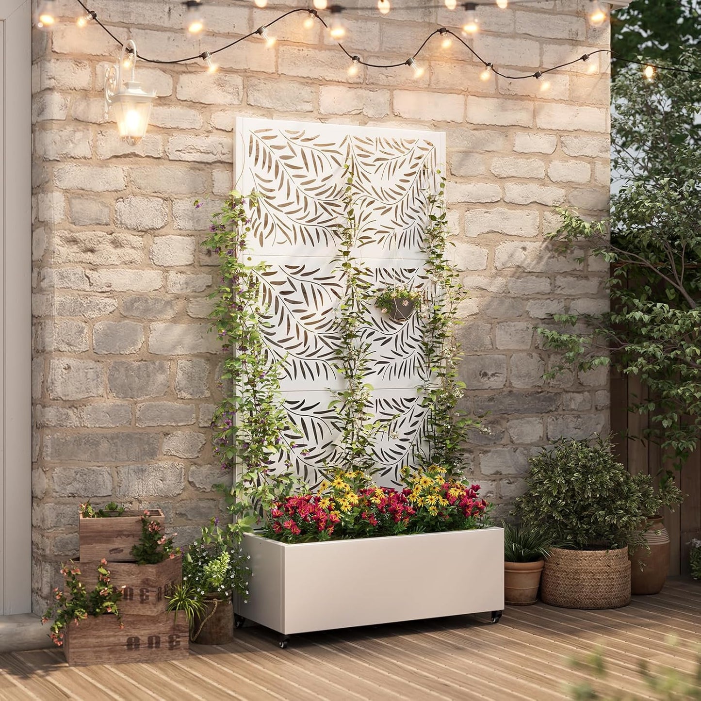Metal Raised Garden Bed with Trellis & Wheels,72" x 35"x 15.7" Planter Box with Trellis,Privacy Planters for Patio,Garden Bed for Climbing Plants,Suitable for climbing plants and vegetables,White