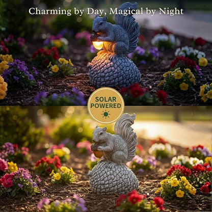 Solar Garden Statue – Hand-Painted Resin Squirrel on Pinecone with Glowing LED Acorn – Charming Yard, Patio & Balcony Decor – Gift for Mom, Grandma & Garden Lovers