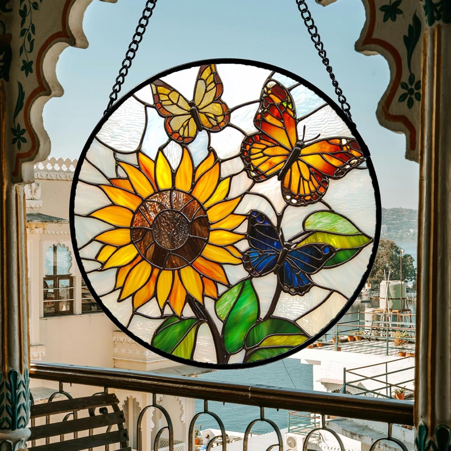 Stained Glass Window Hanging, Butterfly and Sunflowers Sun Catchers Glass Panel Plant Insects Suncatcher Decor for Birthday for Women, Men, Wife, Aunt, and Mom 14.9x14.9 in