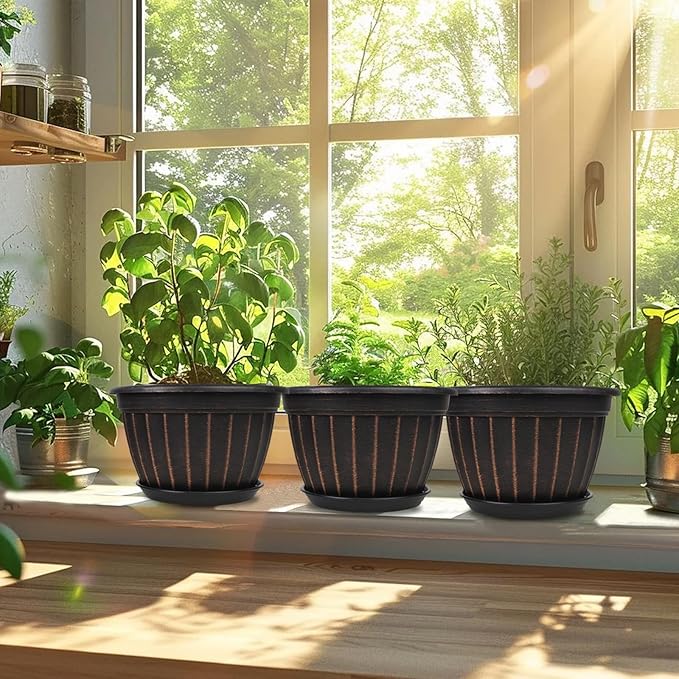 FGstyle 4 Pack Flower Pots,8 Inch Plants Pot,Planters Pot with Drainage Hole & Saucer,Modern Planters for Indoor Outdoor Plants,Decorative Resin Garden Pots for Outdoor Indoor Home Plants (Black)