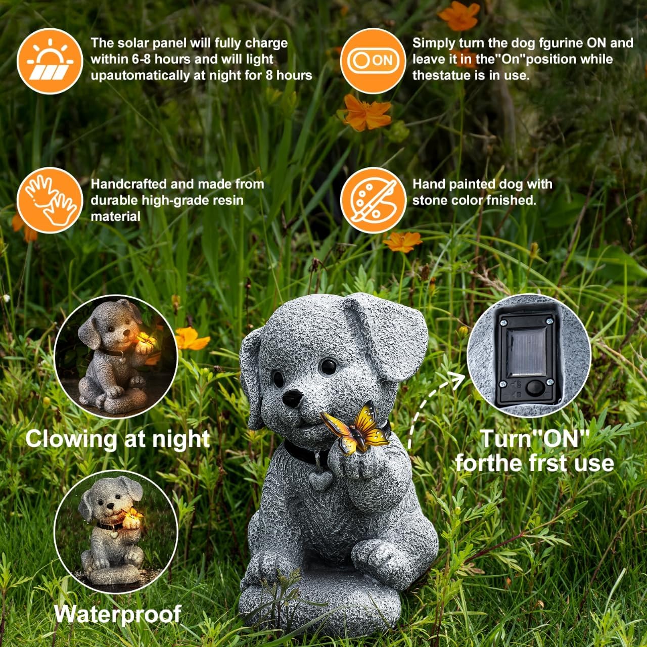 Solar Garden Statue Outdoor Decor,Dog Figurine with LED Lights,Birthdays Mother’s Day Housewarming Gift for Women, Mom, Grandma,Garden Gifts，Home Decoration with Butterfly