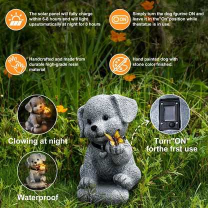Solar Garden Statue Outdoor Decor,Dog Figurine with LED Lights,Birthdays Mother’s Day Housewarming Gift for Women, Mom, Grandma,Garden Gifts，Home Decoration with Butterfly