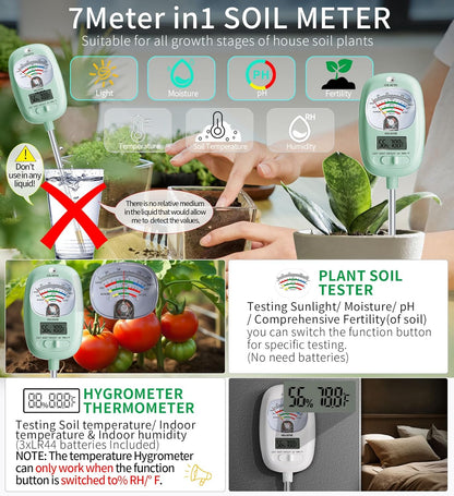HSLGOVE Soil Test Kit, 7-in-One Soil Moisture Meter/Soil PH Meter/Fertility, Dual Screen Soil Tester w/Digital Soil Temp/Air Temp&Humidity for Plants Gardening,Lawn,Farm Indoor&Outdoor-LeafGreen
