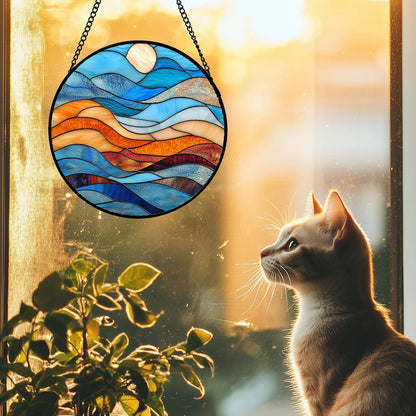 Stained Glass Window Hanging 4 Pcs Set Blue Orange Ocean Beach Theme 9.8" - Suncatcher Door Garden Sun Catcher Decor Birthday Christmas for Mom Woman Nana Men Wife