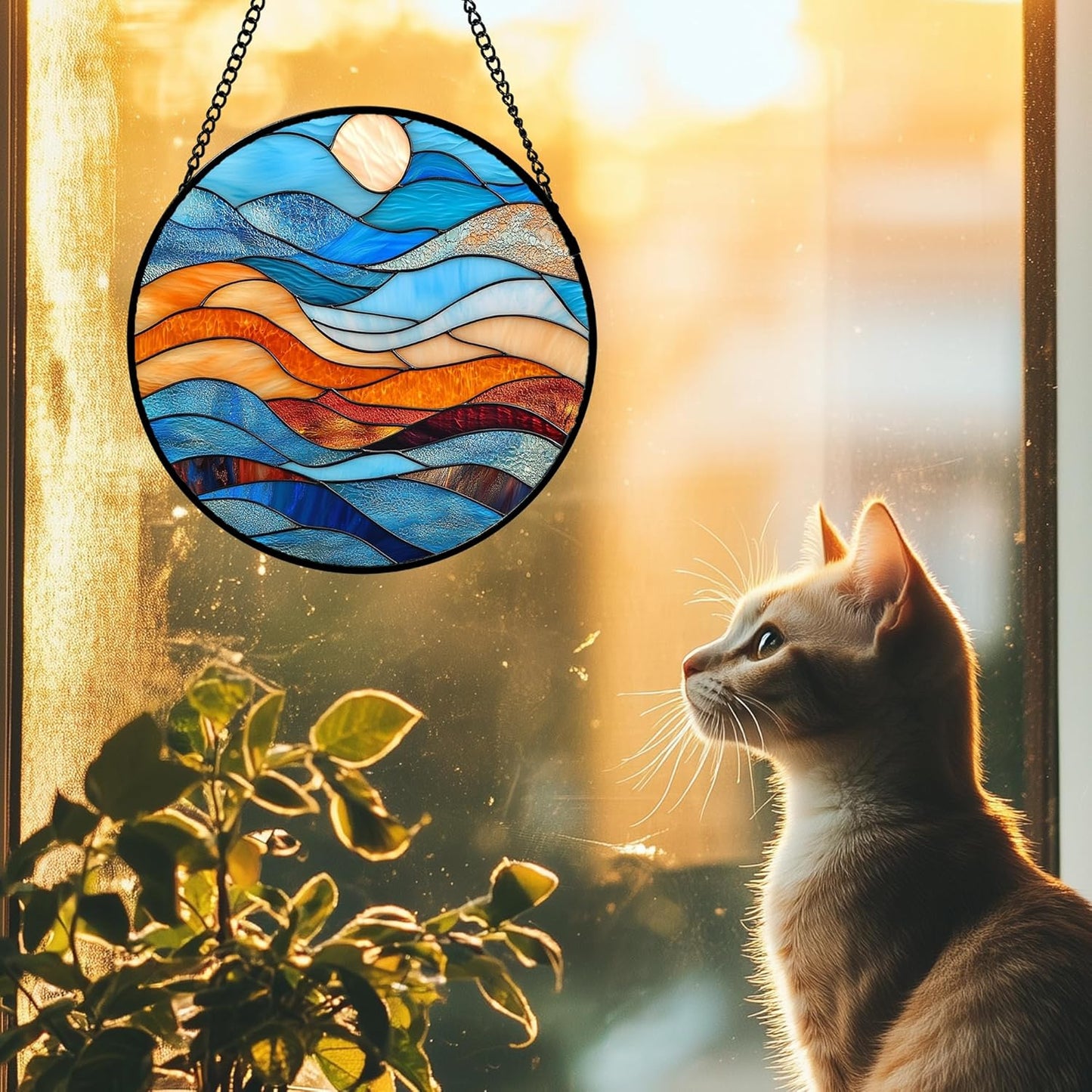 Stained Glass Window Hanging 4 Pcs Set Blue Orange Ocean Beach Theme 6.3" - Suncatcher Door Garden Sun Catcher Decor Birthday Christmas for Mom Woman Nana Men Wife