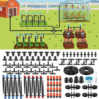 Pawfly 240 ft Drip Irrigation System for Garden, Drip Irrigation Kit with 40ft 1/2" & 200ft 1/4" Tubing Adjustable Emitters Fittings and Accessories, Garden Watering System for Greenhouse Lawn Yard