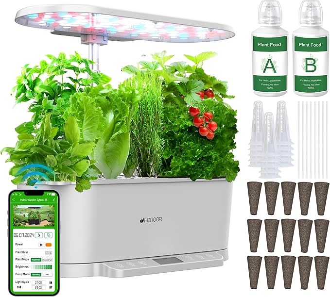 Hydroponics Growing System Kit APP Controlled, Indoor Herb Garden Hydroponic 15 Pods 36W Grow Light, Smart Indoor Garden, Height Adjustable to 30", Water Shortage Alarm, Quiet Pump, Auto Timer, White