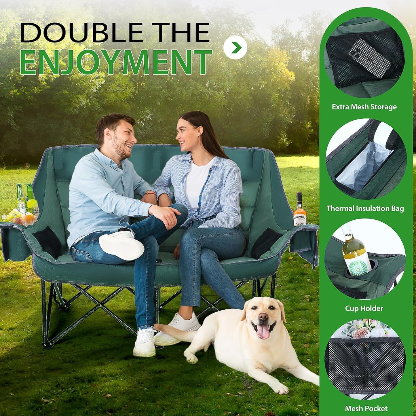 Nice C Double Padded Camping Chair, Oversized Loveseat Camping Chair, Outdoor Camping Couch for Adults, Lawn Chairs, Extra Padded, with Cup Holder, Cooler Bag, Bottle Opener (Green)
