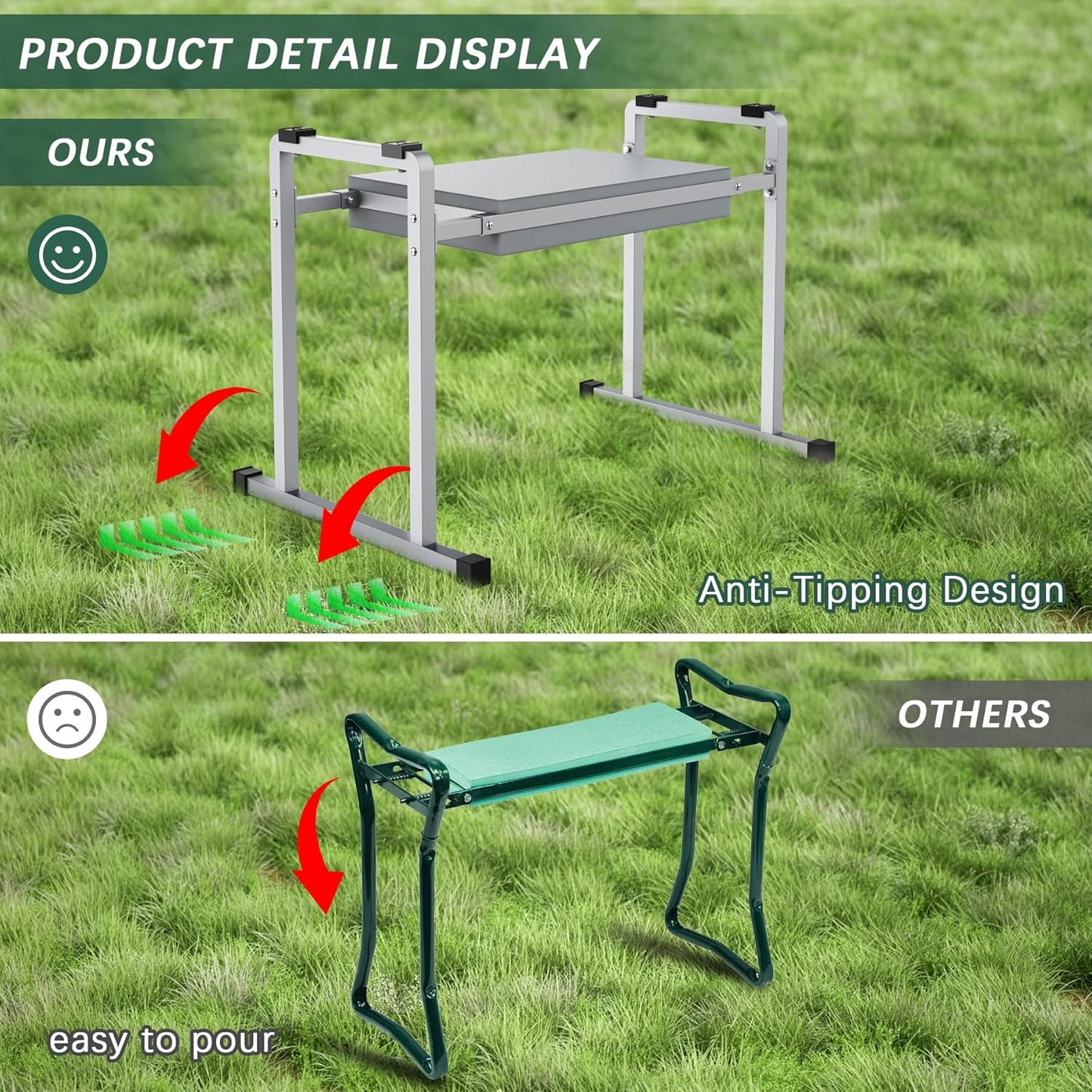 Garden Kneelers Seat, Stable and Save Anti-Tipping Design 10.2" Wider Garden Kneeler and Seat with Handle, Heavy Duty Gardening Stool for Seniors, Gardening Weeding Bench for Gardeners Parents - Gray