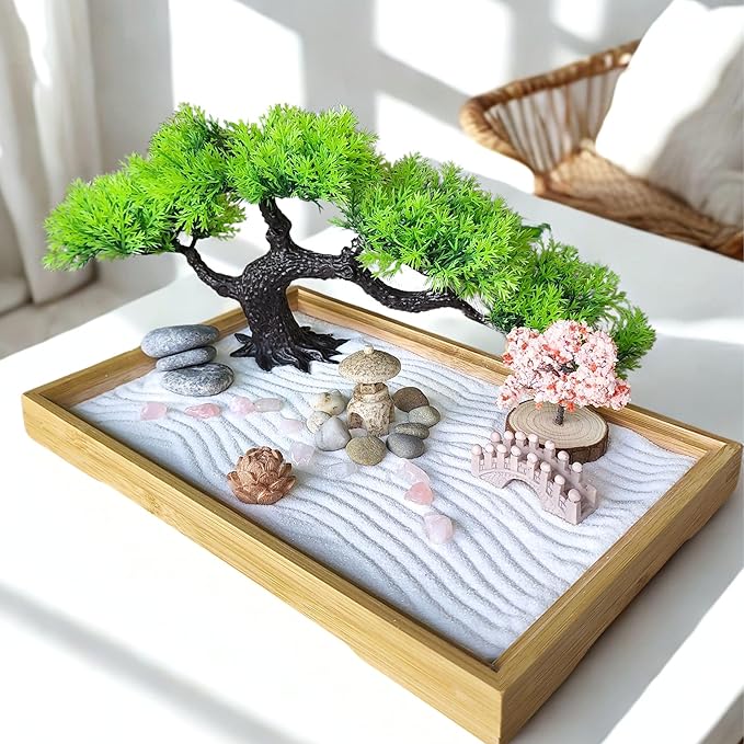Zen Garden for Desk – Mini Japanese Rock Garden with Crystals, Bonsai Tree & Sand Tools,11x7.5in Stress Relief Desk Decor, Meditation & Relaxation Gift Set (Natural Bamboo)