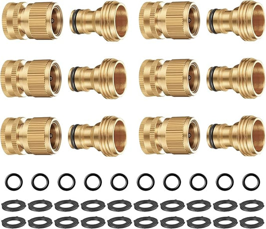 Garden Hose Quick Connect - 6 Pack 3/4" Heavy Duty Solid Brass Fittings With 20 Extra Washers, Male and Female Water Hose Connectors