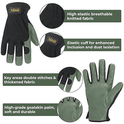HLDD HANDLANDY Leather Gardening Gloves for Men, Utility Work Gloves for Gardening, Yardwork, Construction, Mechanics with Reinforced Palm, Green M