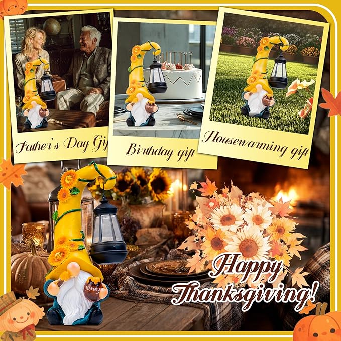 Thanksgiving Decorations for Home Porch 12" Solar Sunflower Gnome Garden Statues Honey Bee Jar Decor with LED Lantern Outdoor Gnomes Decorations Patio Yard Balcony Art Birthday Gifts for Mom Grandma
