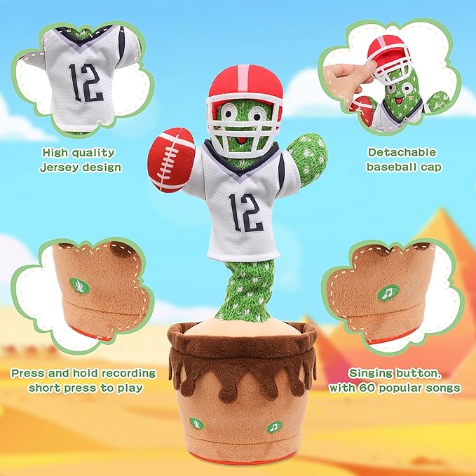 MIAODAM Dancing Football Cactus Toy, Singing, Talking, Record & Repeats What You say with 60 English Songs, Funny Eletronic Baby Toys