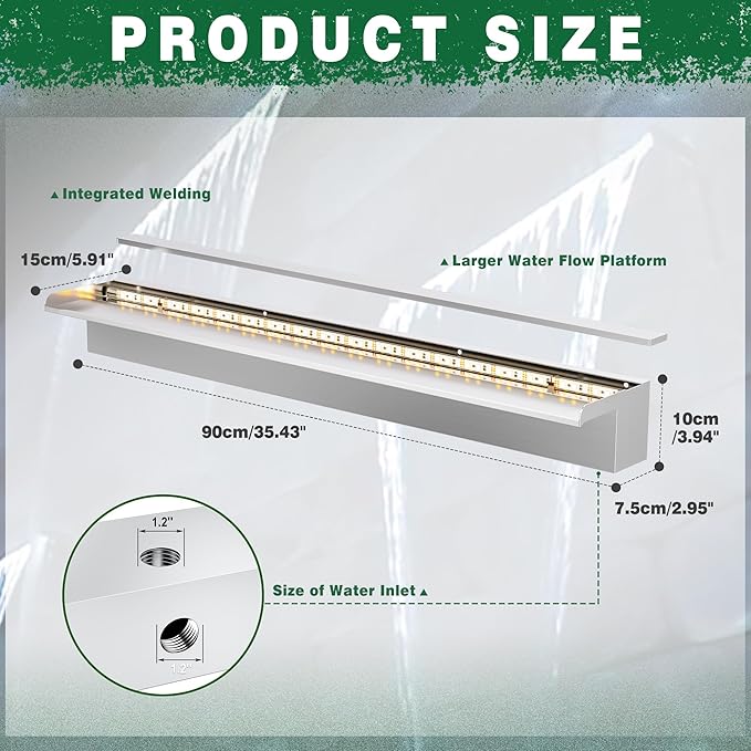 LONGRUN Waterfall Pool Fountain, Updated 5.9'' Wider Open Lip Stainless Steel Waterfall Spillway, Decorative Water Feature for Swimming Pools, Koi Ponds, Spa & Garden - 35.4''