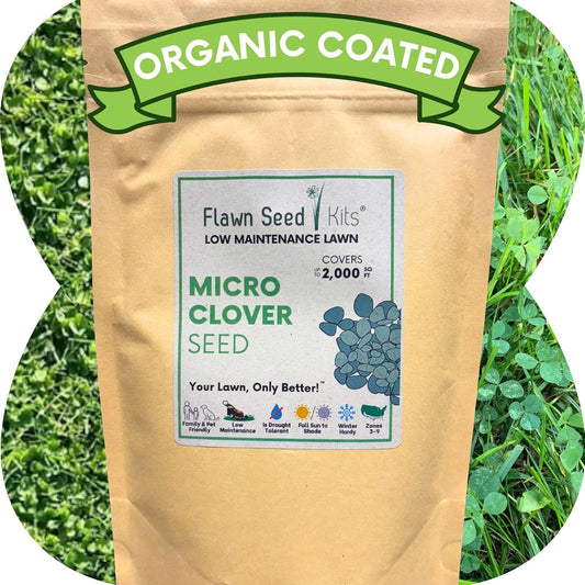 Flawn Seed Kits 8.8 oz Micro Clover Seed, Organic Coated, Eco-Friendly, Low Growing, Low Maintenance, Lawn Alternative, Kraft Zipper Pouch, Covers up to 2000 Sqft