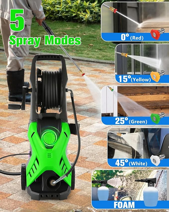 5000 PSI 2.8 GPM Pressure Cleaner High Power Cleaner Adjustable Pressure 2500PSI-5000PSI with 33FT Extension Hose Reel, 4 Nozzles and Soap Bottle for Cars/Fences/Driveways (Green, Hose Reel)