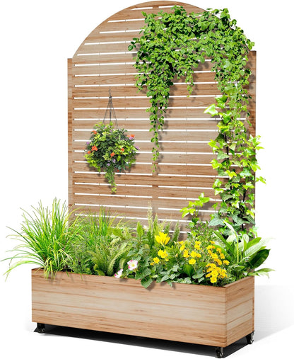 Metal Raised Garden Bed with Trellis, 2-in-1 Planter Box & Privacy Screen for Climbing Plants, Outdoor Standing Flower Bed with Drainage Holes, 47.2" L x 16.7" W x 70.8" H, Acacia Wood Grain-Louvered