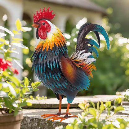 Rooster Garden Statue Sculpture Metal Chicken Yard Decor Outdoor Figurines Patio Backyard Decoration (Yellow)