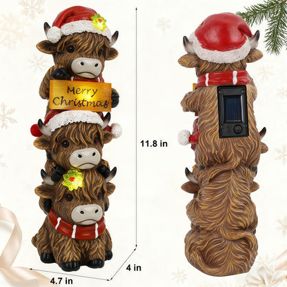 Glintoper Solar Garden Highland Cow Statue, 12" Outdoor Christmas Decoration Lighted Triple Stacked Resin Cow Whimsical Yard Art, Ideal Xmas Birthday, for Porch Pathway Patio Lawn