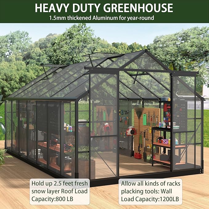 Greenhouses for Outdoors, 8x14.2 FT Polycarbonate Greenhouses with Adjustable Roof Vent, Windproof, Walk-in Aluminum Frame Green Houses for Outside with Sliding Doors, Garden(8x14.2FT)