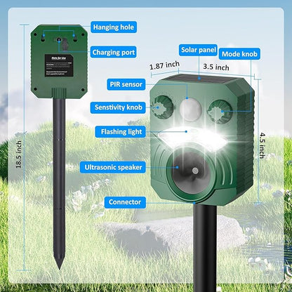 Deer Repellent Device 2 Pack Cat Repellent Outdoor Dog Repellent for Yard Solar Animal Repeller Ultrasonic Squirrel Repeller Waterproof Racoon Fox with Motion Activated Sensor Flashing Light 5 Modes