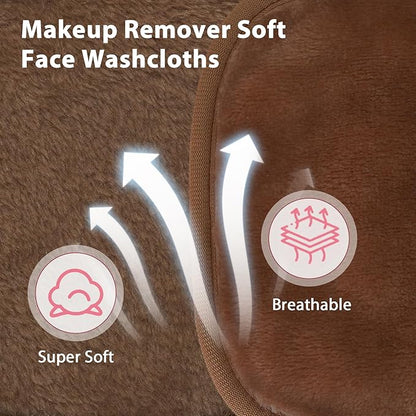 Makeup Remover Cloth, 6" x 6" Make Up Towels Reusable Face Cloth for Washing Face, Makeup Remover Pads Microfiber Face Washcloth with Mesh Bag, Just Water, 12 Pack, Brown
