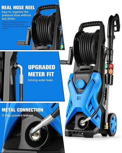 Pressure Washer, 2.8 GPM High Power Washer Adjustable Pressure 2500PSI-5000PSI with 33FT Extension Hose Reel, 4 Nozzles and Soap Bottle for Cars/Fences/Driveways
