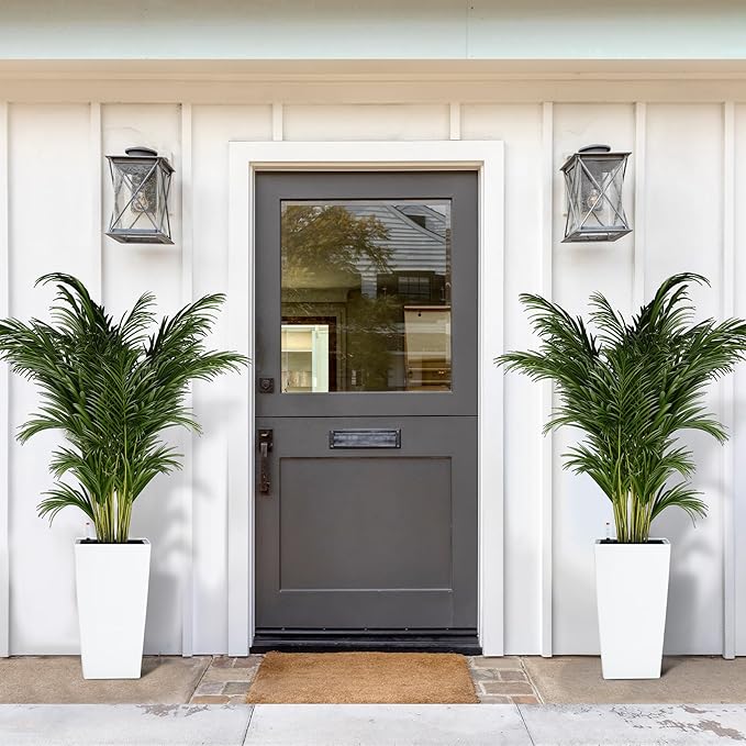 GarveeLife 16 in Tall Planters Set of 2, Outdoor＆Indoor Black Planter Pots, High Front Porch Planter Pots with Drainage Holes＆Water Level Monitor＆Inner Bucket, Automatic Watering,White