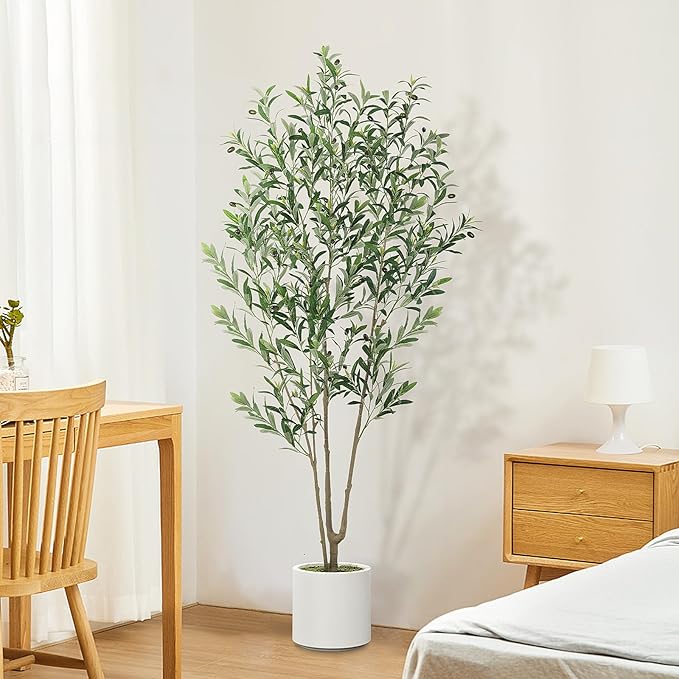 Olive Trees Artificial Indoor, 2 PCS 6FT Faux Olive Tree with Tall Pot, Natural Wood Trunk Treemote and Leaves, Fake Plant for Home Office Bedroom Decor