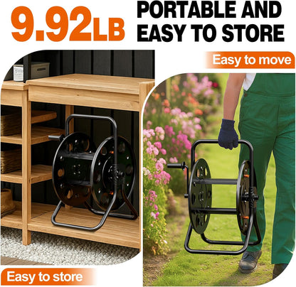 SPECILITE Metal Garden Hose Reel, Portable Outdoor Floor Stable Water Pipe Holder Freestanding, Holds 100-150 Ft of Hose Storage Capacity, UV Resistance, Hose Winder for Outside, Irrigation, Cleaning