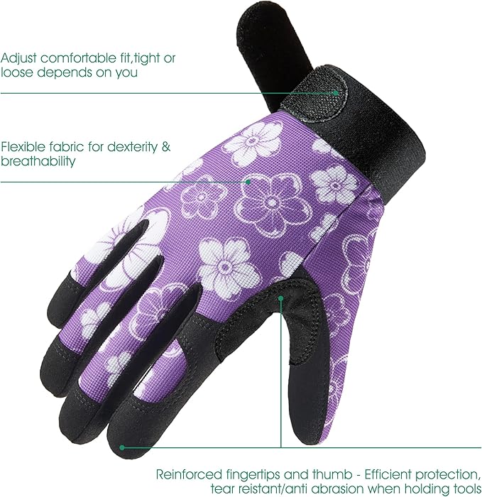 COOLJOB Small Gardening Work Gloves for Women Ladies, Thorn Proof for Rose Pruning, Cactus Handling, Blackberry Bush Planting, Puncture Resistant Anti-Slip Flexible 1 Pair S Floral Purple