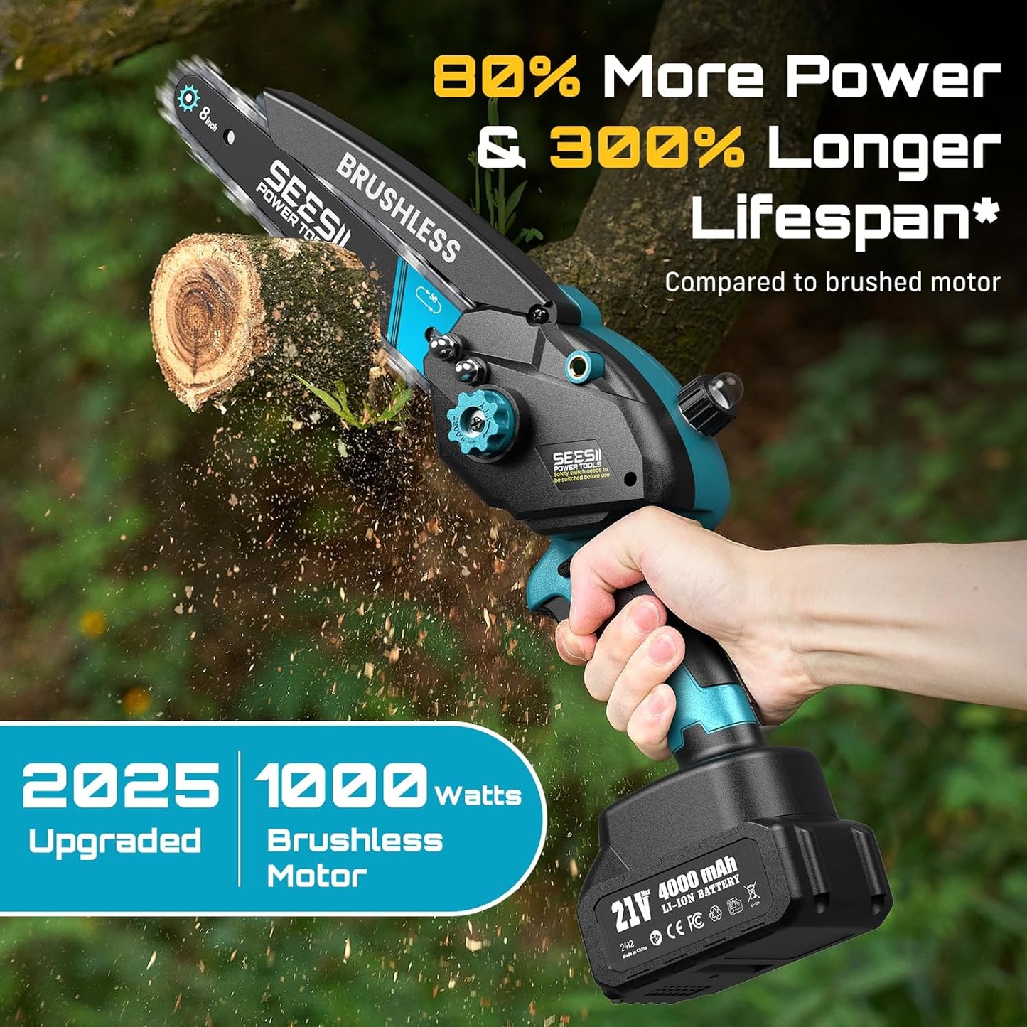 Mini Chainsaw Cordless Battery Powered: 8 inch & 6 inch Electric Chain Saw with 2 Pack 4000mA Batteries, Handheld Saw for Trees Branches Trimming Wood Cutting, Gardening Tools for Dad Husband Men