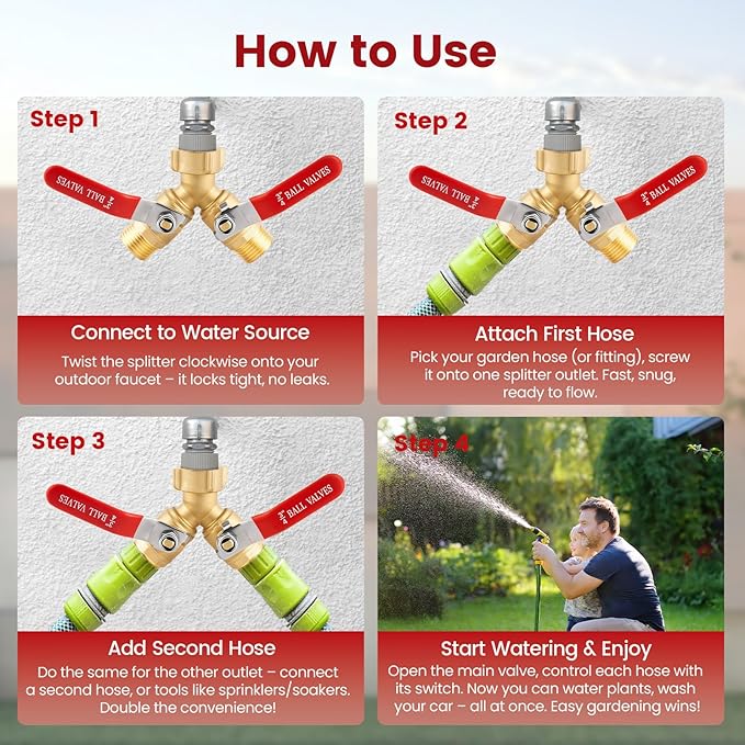 Garden Hose Splitter 2 Way Heavy Duty - Solid Brass Hose Y Splitter with Stainless Steel Long Handle, 3/4" GHT Thread for High Flow Rates & Leak-Free Connection