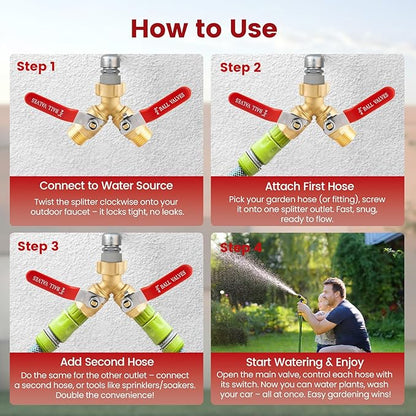 Garden Hose Splitter 2 Way Heavy Duty - Solid Brass Hose Y Splitter with Stainless Steel Long Handle, 3/4" GHT Thread for High Flow Rates & Leak-Free Connection