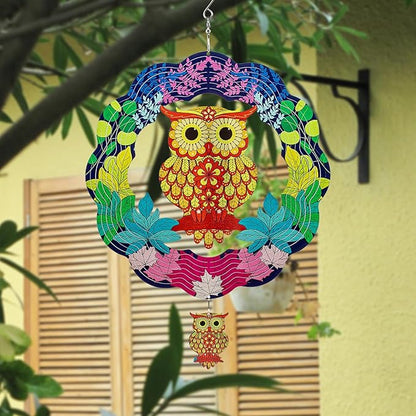 TUOKING Owl Wind Spinners Outdoor Metal 3D Hanging Art Wind Spinner 12 Inch Stainless Steel for Yard and Garden Decoration Worth Gift for Women