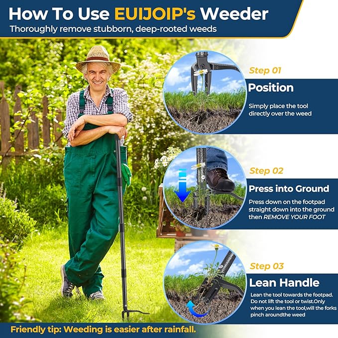 Weed Puller Tool, 60" Stand Up Manual Weeder - Unbreakable Aluminum Claw + Heavy-Duty Stainless Steel Rod, No-Bend Lawn Grass Grabber for Garden, Yard, Root Removal