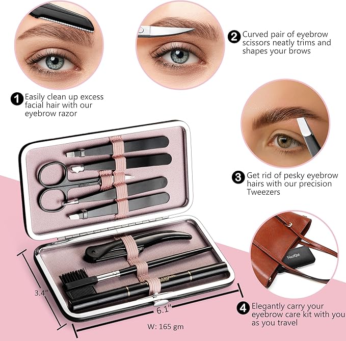 Eyebrow Trimmer 8-Pack - Eyebrow Tweezers Set - Eyebrow Shaping Kit for Women & Men With Razor, Brush With Comb, Pencil, and Scissors in Padded Case