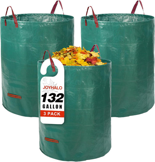 Joyhalo Reusable Yard Waste Bags, 132 Gallon Lawn And Leaf Bags 3 Pack, Heavy Duty Garden Bags With Gardening Gloves, Standable Garden Waste Bag With 4 Handles, Camping Yard Recycling Bag For Leaves