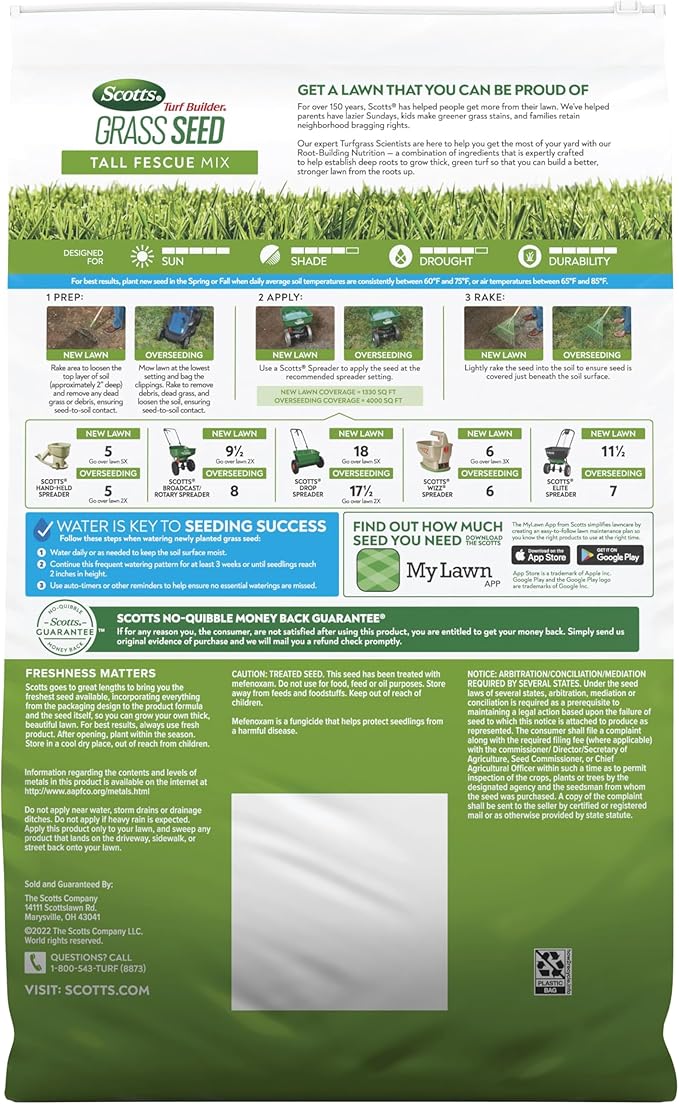 Scotts Turf Builder Grass Seed Tall Fescue Mix with Fertilizer and Soil Improver, Resists Harsh Conditions, 16 lbs.