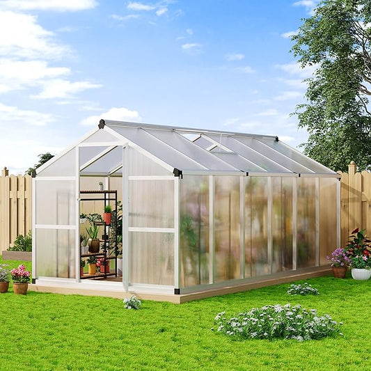 8x12 FT Polycarbonate Greenhouse with Roof Vent - Large Aluminum Walk-in Greenhouse Kit for Gardening, Backyard, Patio, Lawn - Easy Assembly