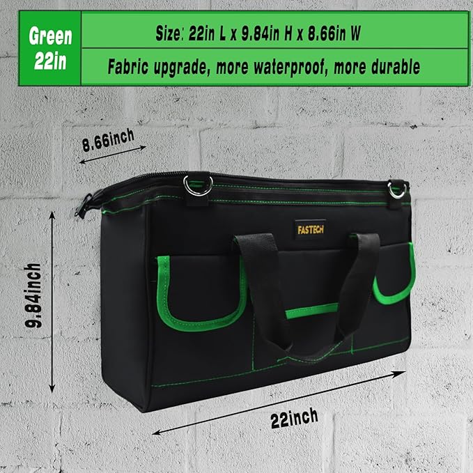 FASTECH 22 Inch Tool Bag With Comfortable Shoulder Straps, Waterproof Wide Mouth Tool Kit, Tool Storage Package For Men/Women (22IN Green)