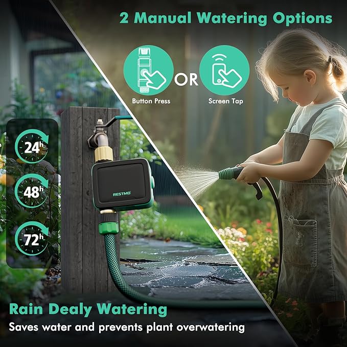 RESTMO Smart Sprinkler Timer with Flow Meter, Water Timer for Garden Hose, Brass Inlet & Outlet, Automatic Lawn & Yard Irrigation Watering System, APP Remote Control (2.4Ghz WiFi Connection)