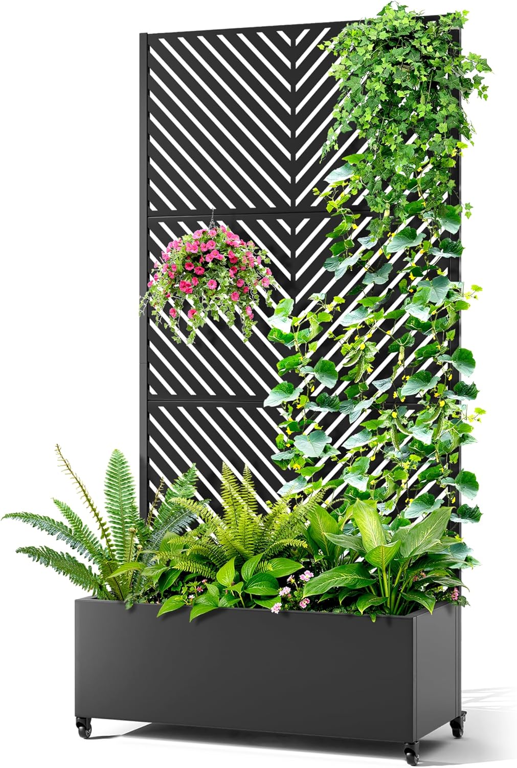 Metal Raised Garden Bed with Trellis, 2-in-1 Planter Box & Privacy Screen for Climbing Plants, Outdoor Standing Flower Bed with Drainage Holes, 35.4" L x 15.7" W x 70.1" H, Black-Parallel