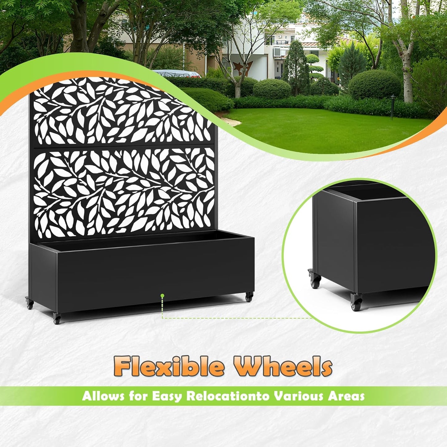 Metal Raised Garden Bed with Trellis, 2 in 1 Trellis with Planter Box & Privacy Screen for Climbing Plants, Vine, Outdoor Standing Flower Beds with Drainage Holes,47.2" L x 16.7" W x 70.8" H,(Black)