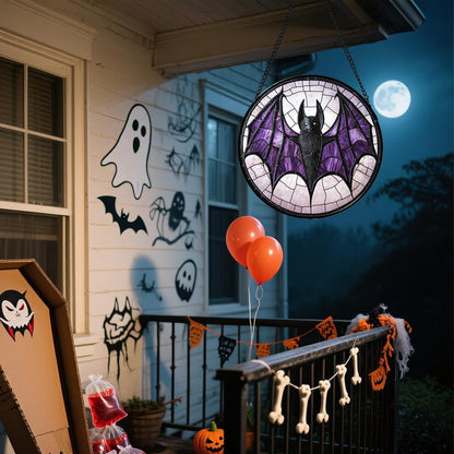 Stained Glass Window Hanging - Halloween Black Bat Purple Wings Monster Suncatcher for Doors Garden Home Spooky Sun Catchers Gothic Decor Horror Gift for Women Men Friend Boy Girl 15 in