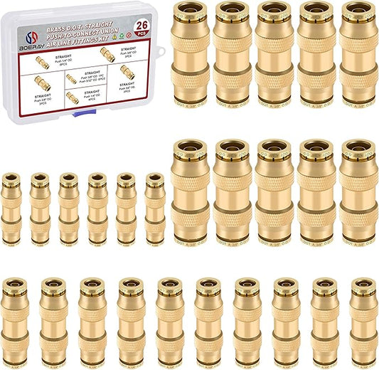 26pcs Quick Connect Brass DOT Air Line Fittings Straight Union 1/4” 3/8” 5/32” Tube Push to Connect Fittings Air Suspension Fitting Straight Air Brake Union Push Lock Pneumatic Air Hose Fitting