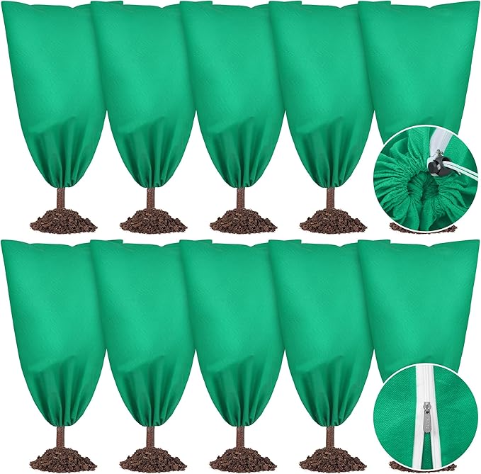 10 Pieces Plant Covers Freeze Protection Winter Plant Frost Cover with Drawstring and Zipper Large Plant Protector Bag for Frost Blankets Jacket for Outdoor Plant, Green, 23.6 x 31.5 Inch