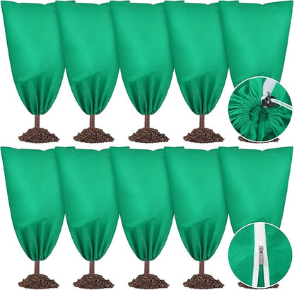 10 Pieces Plant Covers Freeze Protection Winter Plant Frost Cover with Drawstring and Zipper Large Plant Protector Bag for Frost Blankets Jacket for Outdoor Plant, Green, 23.6 x 31.5 Inch