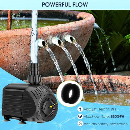 NFESOLAR 880GPH Submersible Pump, 60W Ultra Quiet Submersible Water Pump with Dry Burning Protection 9ft High Lift for Fish Pond, Fountains, Waterfall, Hydroponics, Aquariums KF206